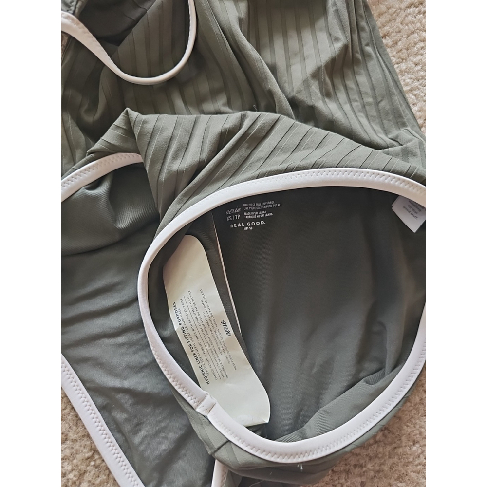 Aerie Ribbed Olive Green One-Piece Swimsuit with Cream Trim - Picture 4 of 6